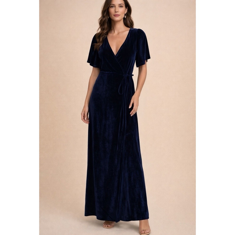 Baltic Born Navy Velvet Wrap Maxi Dress S Flutter Sleeve Boho Classy